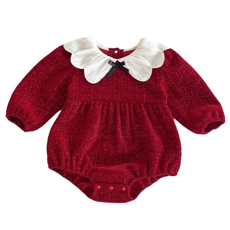 Newborn Christmas Red Clothes Autumn Kids Baby Girls Sweet Petal Collar Princess Rompers Infant New Baby Girls Rompers Clothes