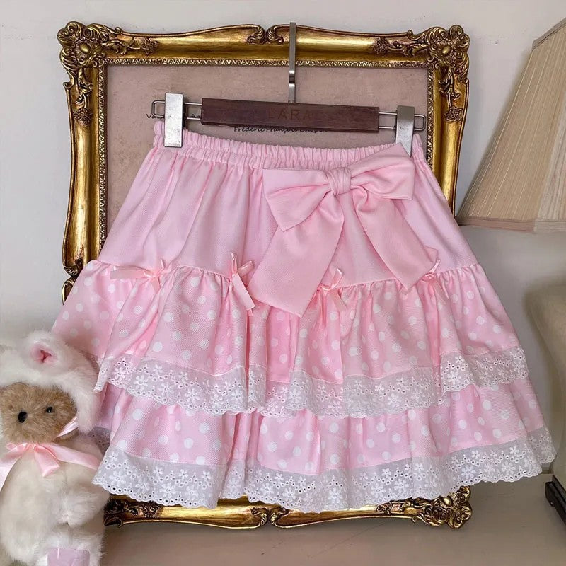 Zoki Kawaii Bow Cake Skirt Women High Waist Cute Dot Sweet Mini Skirts Fashion Casual Japan Female Solid Summer A Line Skirt New