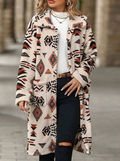 2025 New Women's Overcoat Jacket European American Style Single-breasted Ethnic Printed Fleece Long Length For Autumn Winter