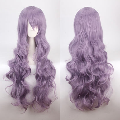 Peruca de anime colorida estilo cosplay europeu e americano, com rede de fivela para comércio exterior, universal, 80CM de comprimento, encaracolada de fibra sintética