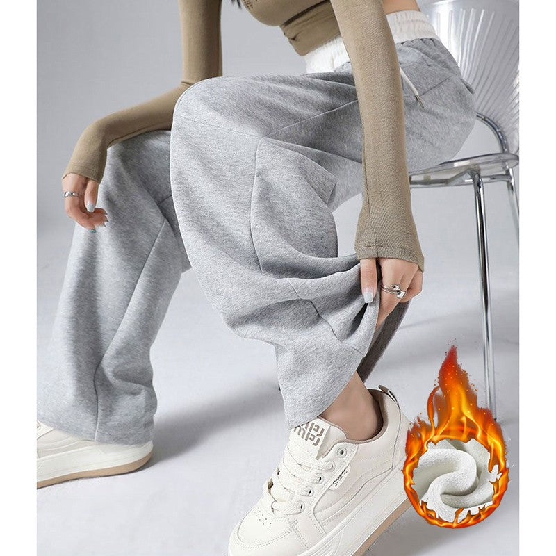 Winter Lady Hot Sale High Waist Thermal Plush Pants Women Chic Straight Leg Fleece Trousers Girls Snow Warm Casual Pants