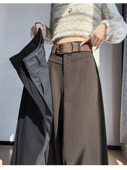 Grey Woolen Wide-leg Suit Pants Women 2025fall Winter New High-waisted Draping Straight-leg Casual Floor-length Thick Trouser