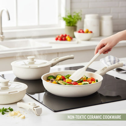 12 Pcs Ceramic Nonstick Cookware Set, Carote Pots and Pans with Removable Handles, Non-Toxic Cow Print Design Kitchen Essentials