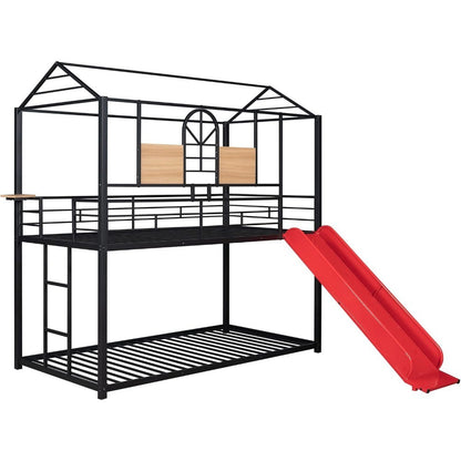 Over Twin Metal Bunk Bed with Slide and House Design, Black Bed Frame with Red Slide