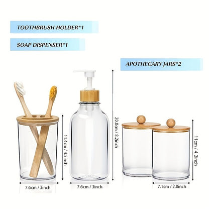 Boho Bathroom Accessories Sets Complete Bathroom Canister Accessory Set 4 Pcs, Clear Bath Soap Dispenser and Toothbrush Holder