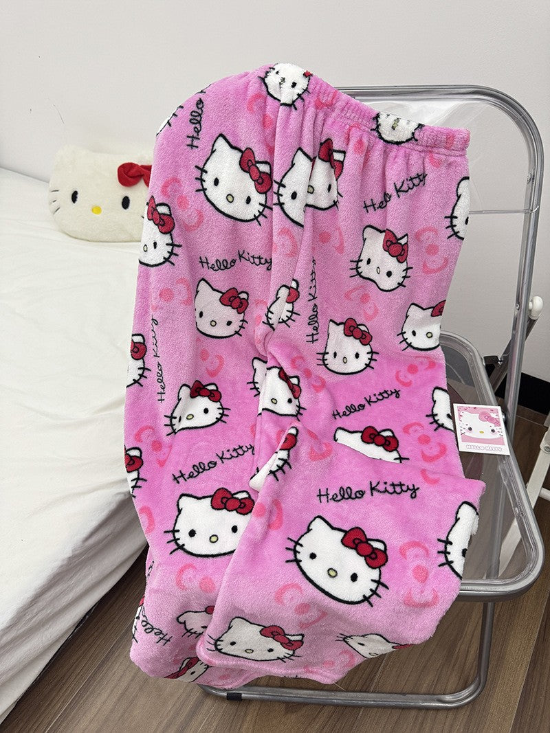 Anime Stitch Plush Pajama Pants Sanrio Kawaii Hello Kitty Cute Women Winter Warm Student Sleeping Pants Loose Casual Home Pants