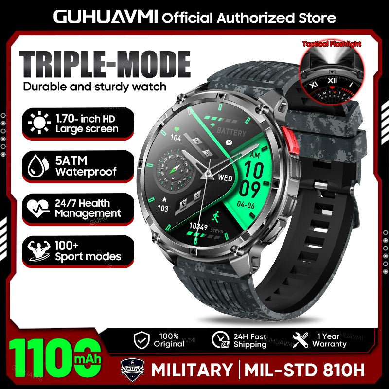 2026 New 1.7-inch Military sports SmartWatch 1100mAh large battery Outdoor compass flashlight 5ATM waterproof BT Call SmartWatch
