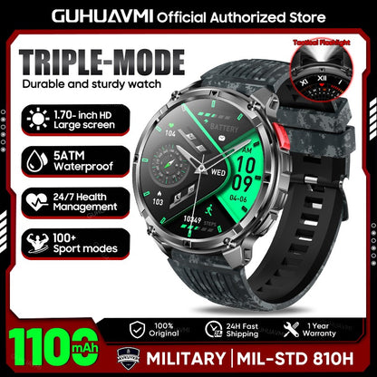 2026 New 1.7-inch Military sports SmartWatch 1100mAh large battery Outdoor compass flashlight 5ATM waterproof BT Call SmartWatch