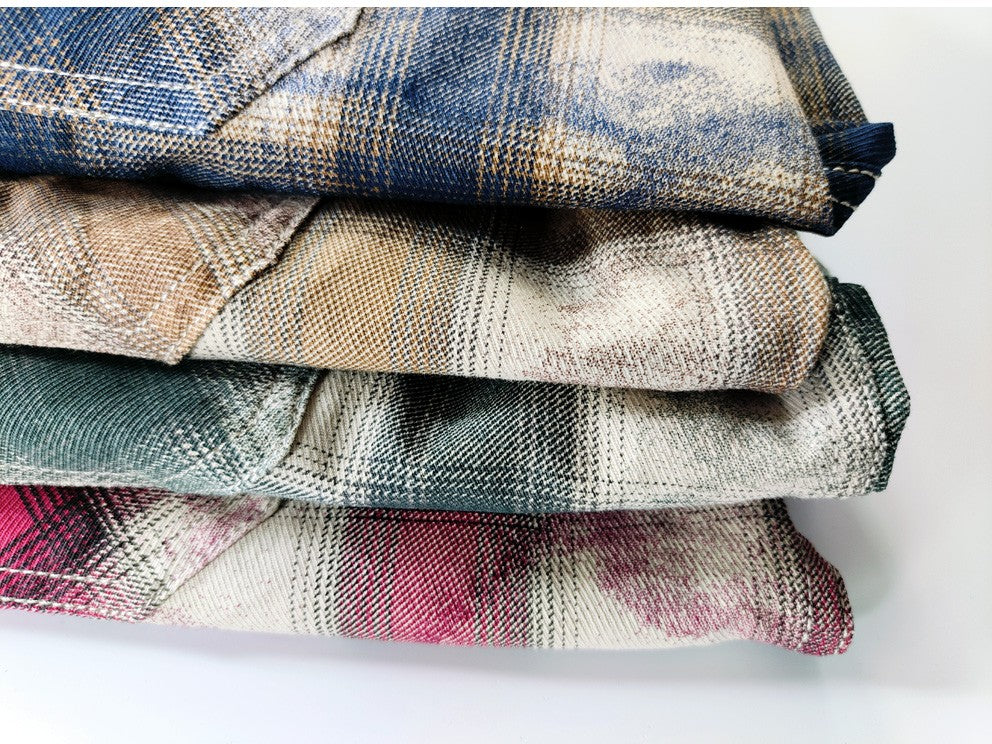 Autumn New Japanese Retro Long-Sleeve Lapel Plaid Cargo Shirt Men's Simple 100% Cotton Washed Pocket Casual Blouses Thin Coat