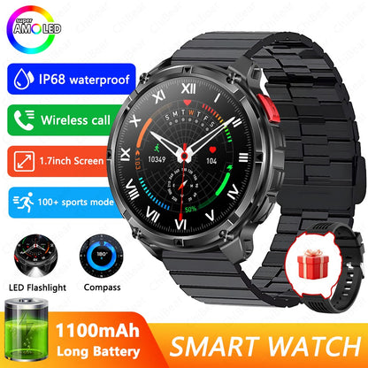 Relógio Inteligente Militar para Homens, Bateria de 1100mAh, Bússola, Monitor de Fitness, Tela AMOLED HD, Chamada BT, Smartwatch para Android IOS
