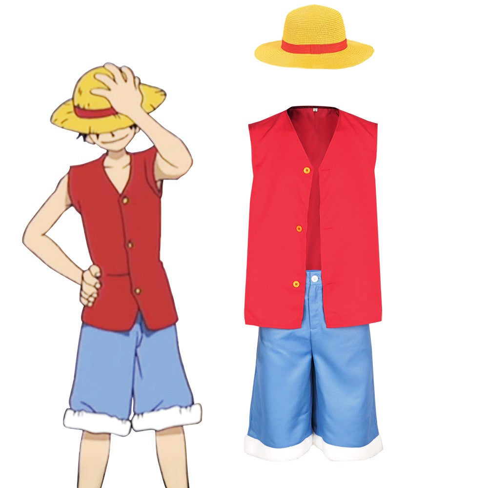 LUFEI cosplay costume set, pirate style red vest+blue shorts+straw hat, anime enthusiast cosplay event full outfit