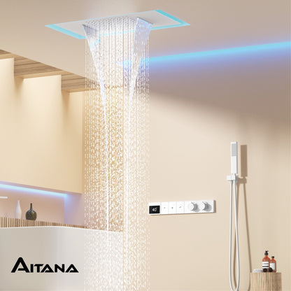 Sistema de chuveiro digital inteligente de latão branco luxuoso com design oculto Controle duplo de água quente e fria Torneira de parede