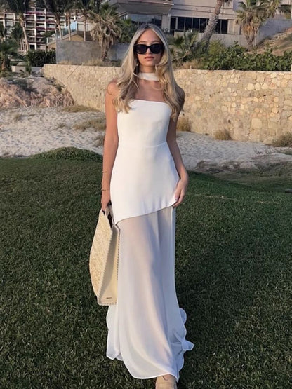 TARUXY Fashion Strapless Dress With Ribbon Female Elegant Sleeveless Mesh Beach