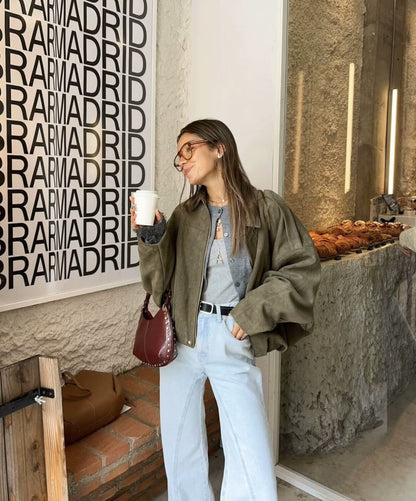 ETJ 2025  Spring new women's suede texture effect Loose version of fashion lapel shoulder bomber jacket