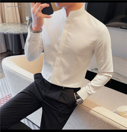 Men Standing Collar Shirt Long Sleeved 2024 Autumn British Style Solid Casual Hidden Button Elastic Slim Fit Formal Dress Shirt