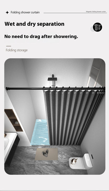 Bathroom Folding Linen Shower Curtain with Magnets Waterproof Suitable for Walk-in Shower Does Not Include Telescopic Rod