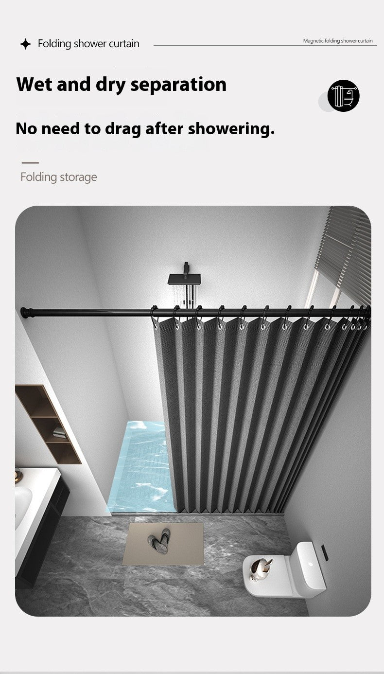 Bathroom Folding Linen Shower Curtain with Magnets Waterproof Suitable for Walk-in Shower Does Not Include Telescopic Rod