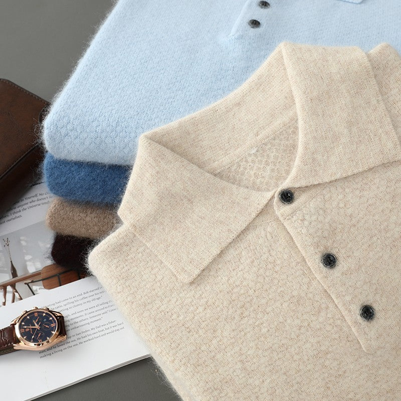 Autumn And Winter New Mink Cashmere Sweater Men's POLO Collar Thickened Loose Lapel Cashmere Long Sleeve Knit Bottoming Shirt