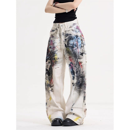 American vintage graffiti 3D printed jeans for women high street Y2K style loose straight-cut casual wide-leg floor-length pants