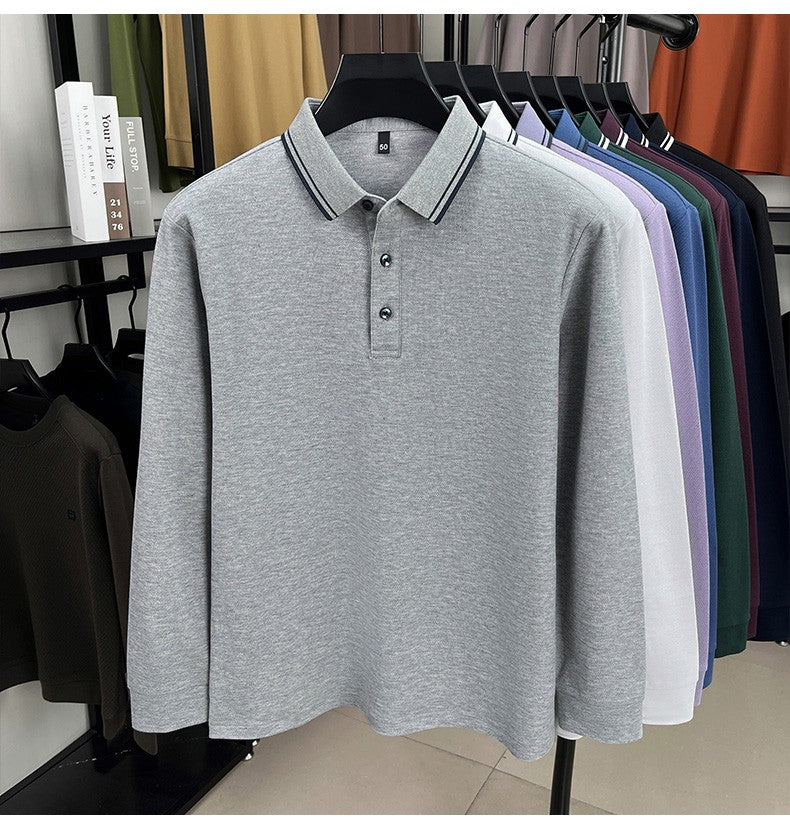 100% pure cotton high-quality long sleeve polo shirt men's autumn new style comfort casual luxury double striped lapel T-shirt
