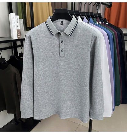 100% pure cotton high-quality long sleeve polo shirt men's autumn new style comfort casual luxury double striped lapel T-shirt