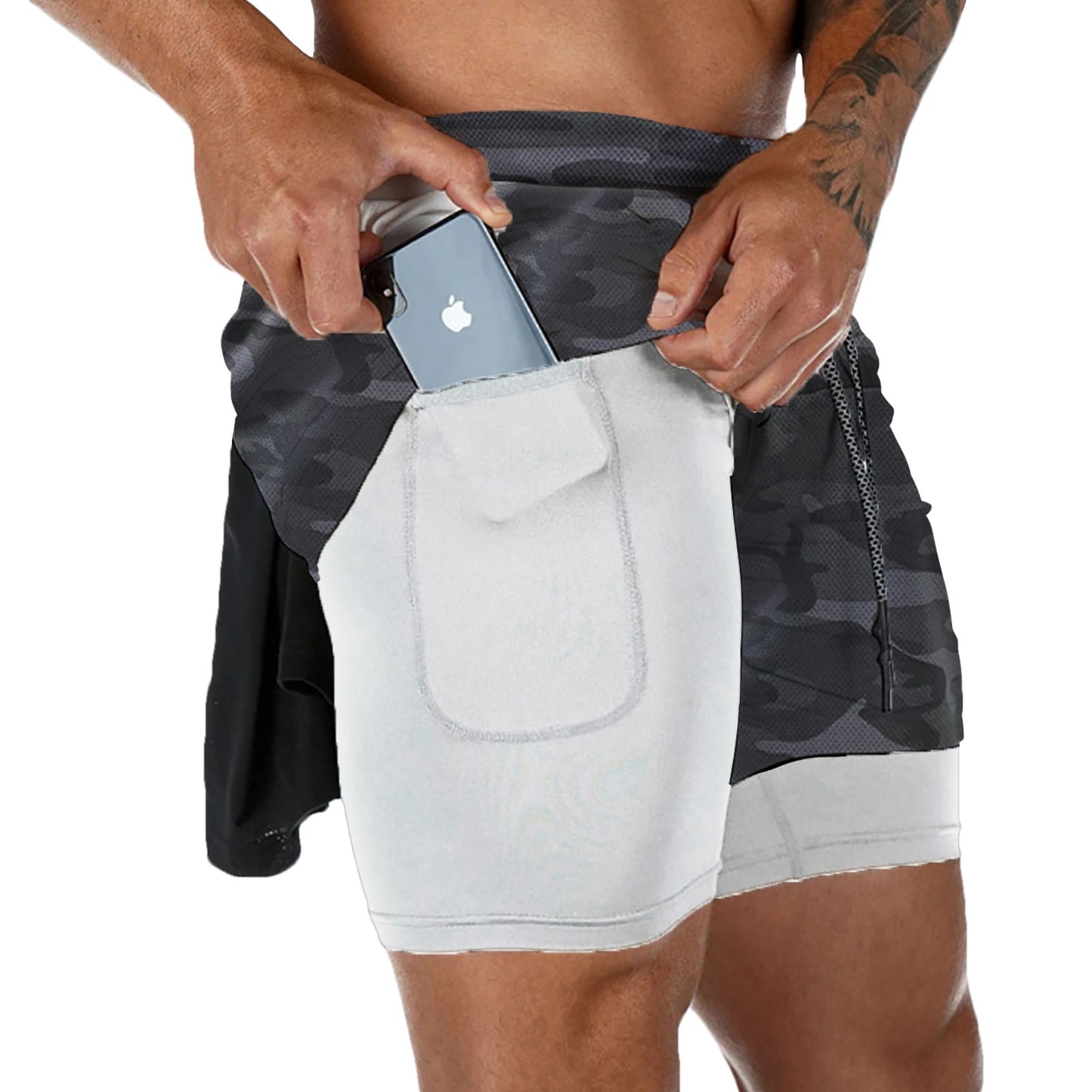 Men's Double Layer Fitness Shorts Drawstring Mesh Lining Elastic Waist Breathable Quick Dry to Beach Pool Summer Male