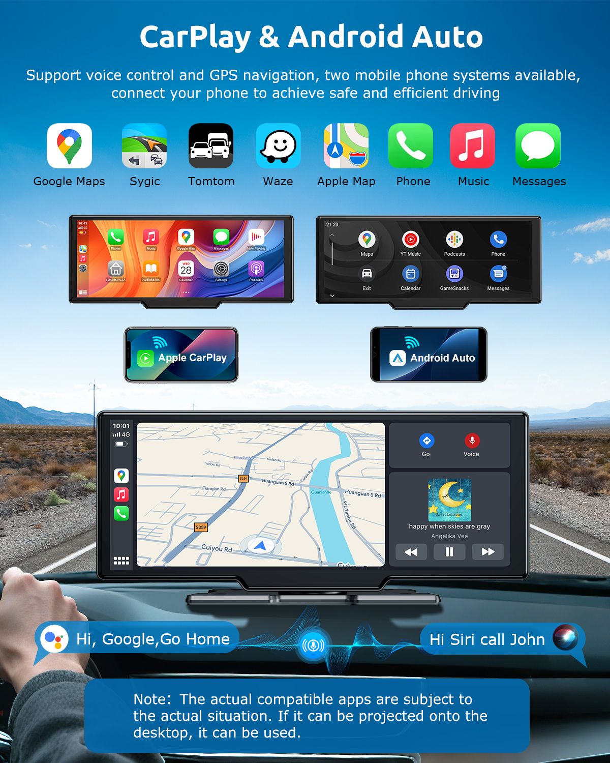10.26" 4K 64G Touchscreen Portátil Sem Fio CarPlay Android Auto Caminhão Dash Som Automotivo Bluetooth GPS Navegação Câmera de Ré Grande Angular FM