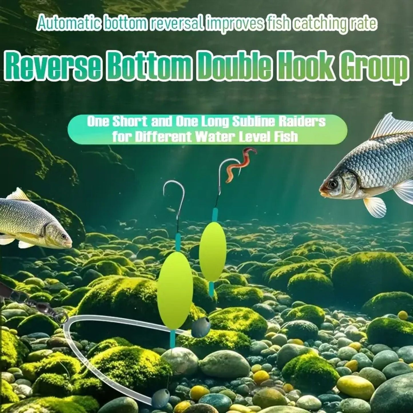10PCS Buoyant Fishing Hooks Kit Double Hook Reverse Suspended Euro Rig with Golden Sleeve for Bass Trout Saltwater Fishing