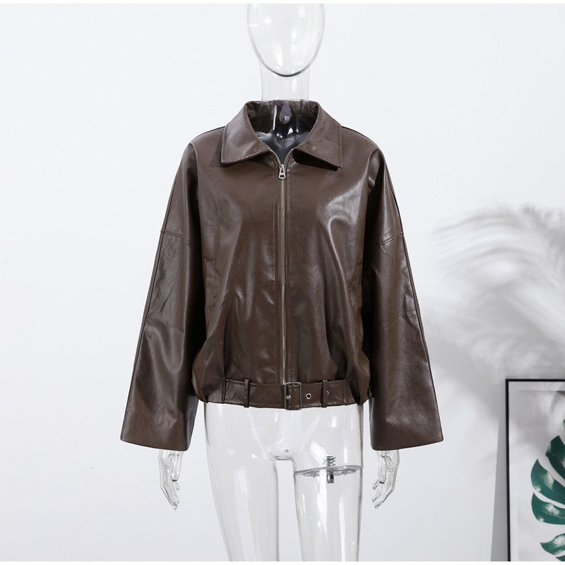 Street Stand Collar Women's Leather Jacket Loose Long Sleeve Zipper Pockets Chic Female Coats 2025 Autumn Winter Lady Outerwear