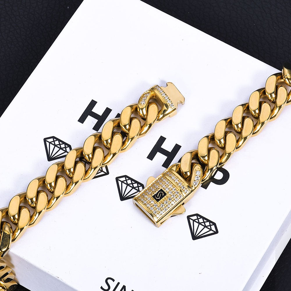 Pulseira ESKEEM Hip Hop Monaco PVD Banhado a Ouro 14k Correntes Miami Cuban Link 6/9/11/13MM Aço Inoxidável para Mulheres e Homens