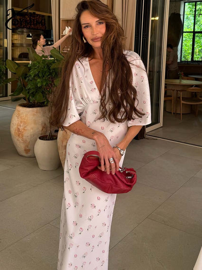 Oymimi Casual White Print Dresses For Woman Fashion V-Neck Batwing Sleeve Dresses Elegant Straight Floor-Length Dress Streetwear