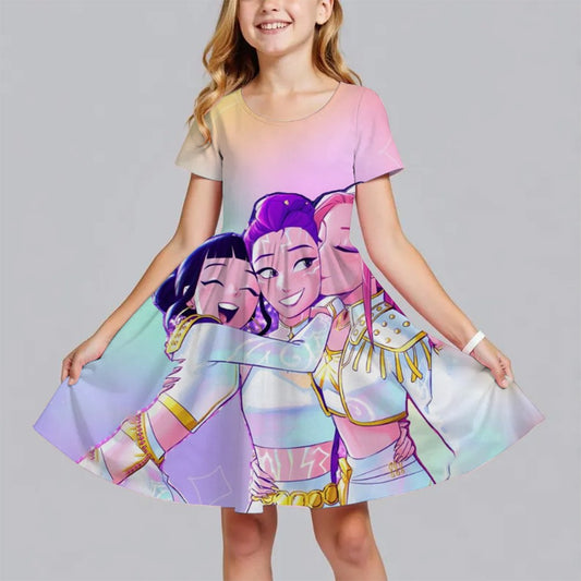 Summer Fashion Polyester Lightweight Cartoon Cute Huntrix Kpop Demon Hunters Printed Girl's Dress Short Sleeved Princess Dress