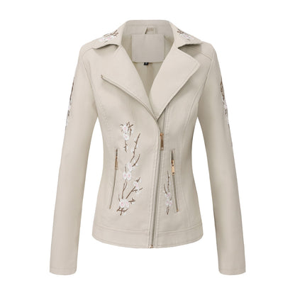 New Fall Women's Black Embroidered PU Jacket, Street-Style Brown Faux Leather Coat, Fashionable Beige Long Sleeves Top.