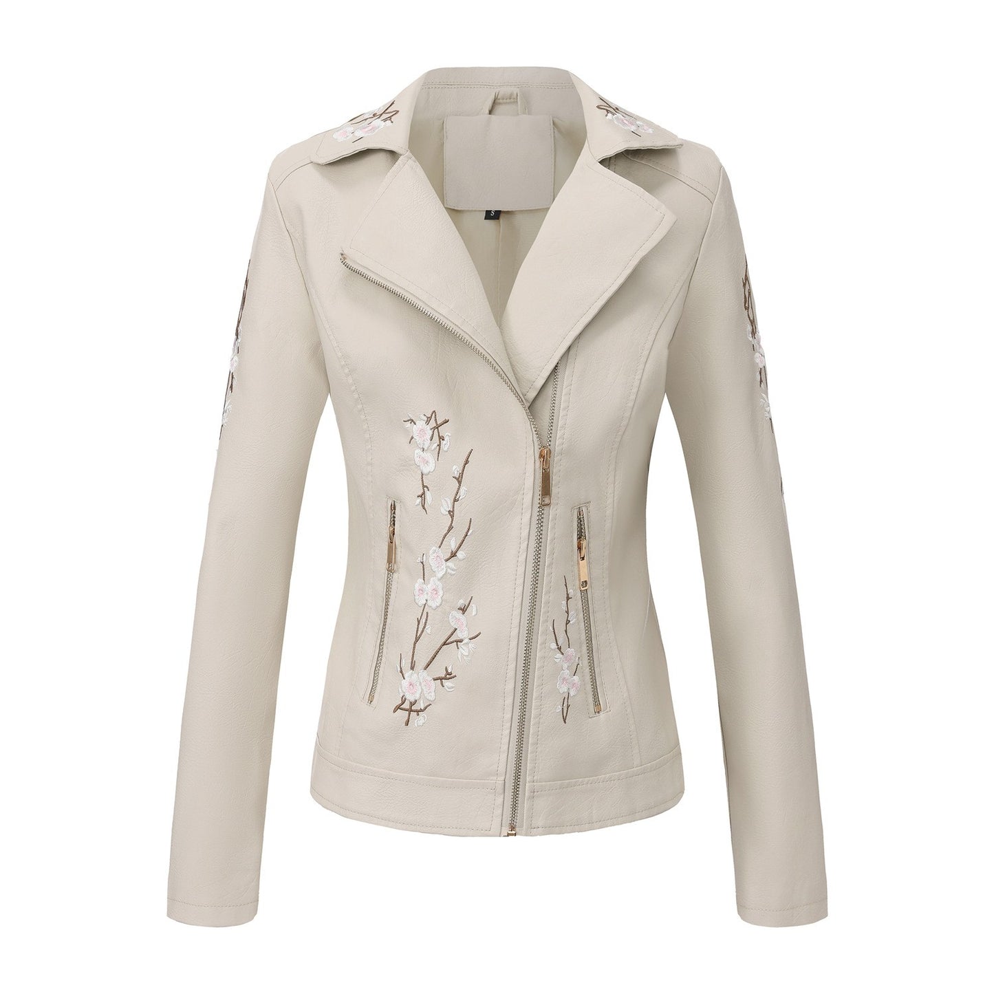 New Fall Women's Black Embroidered PU Jacket, Street-Style Brown Faux Leather Coat, Fashionable Beige Long Sleeves Top.