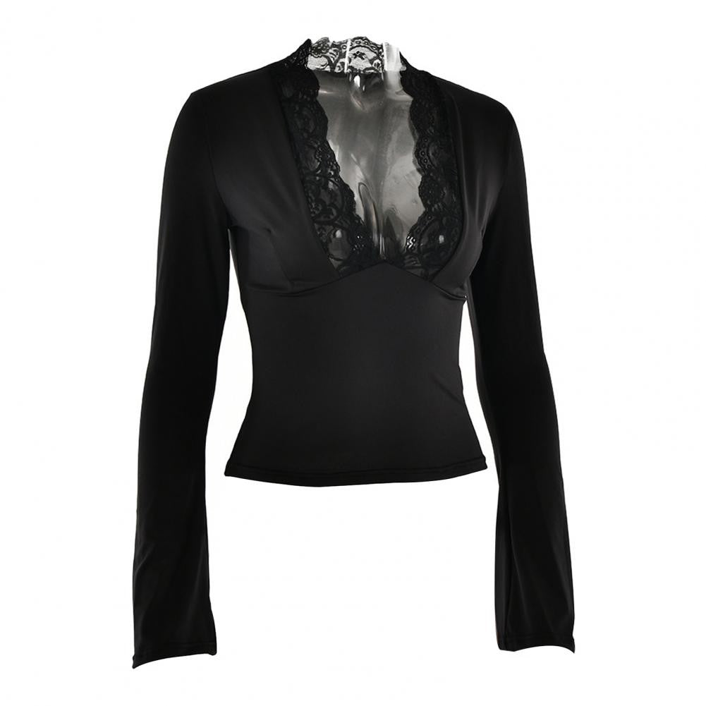 Women's Blouses Sexy Lace Deep V Neck Long Bell Sleeves Top Slim Fit Low Cut Sheer Mesh Shirt For Spring Fall Women's Clothing