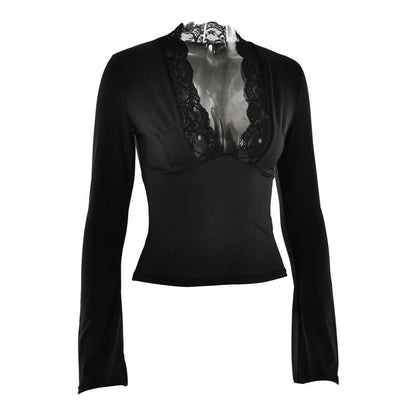 Women's Blouses Sexy Lace Deep V Neck Long Bell Sleeves Top Slim Fit Low Cut Sheer Mesh Shirt For Spring Fall Women's Clothing