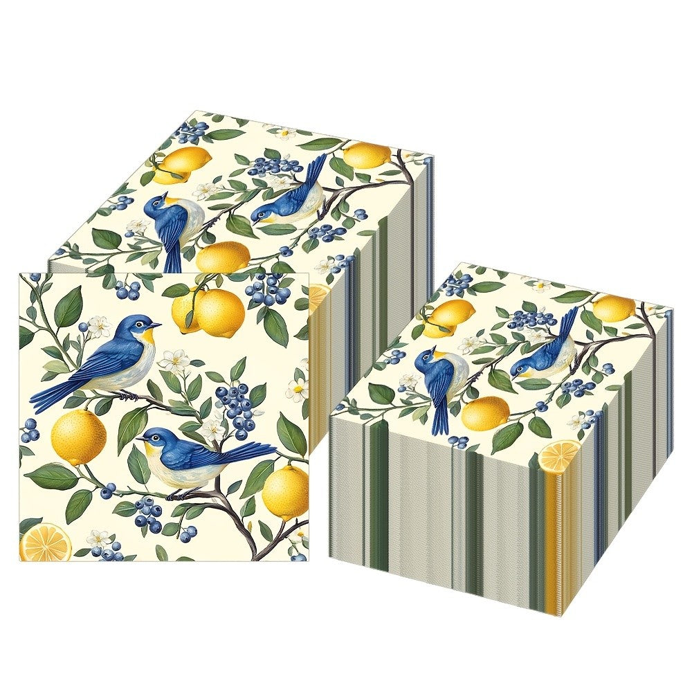 20/40/60pcs Bird Lemon Blueberry Flower Themed Party Napkins, Suitable for Party Tea Parties, Birthdays, and Desktop Decoration
