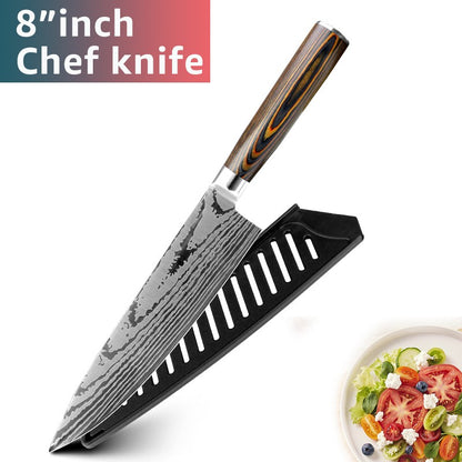 Conjunto de Facas de Cozinha 1-7PÇS Faca de Chef Japonesa Santoku 7CR17 Aço Inoxidável 440C Faca de Imitação de Damasco Cutelo de Carne Fatiador