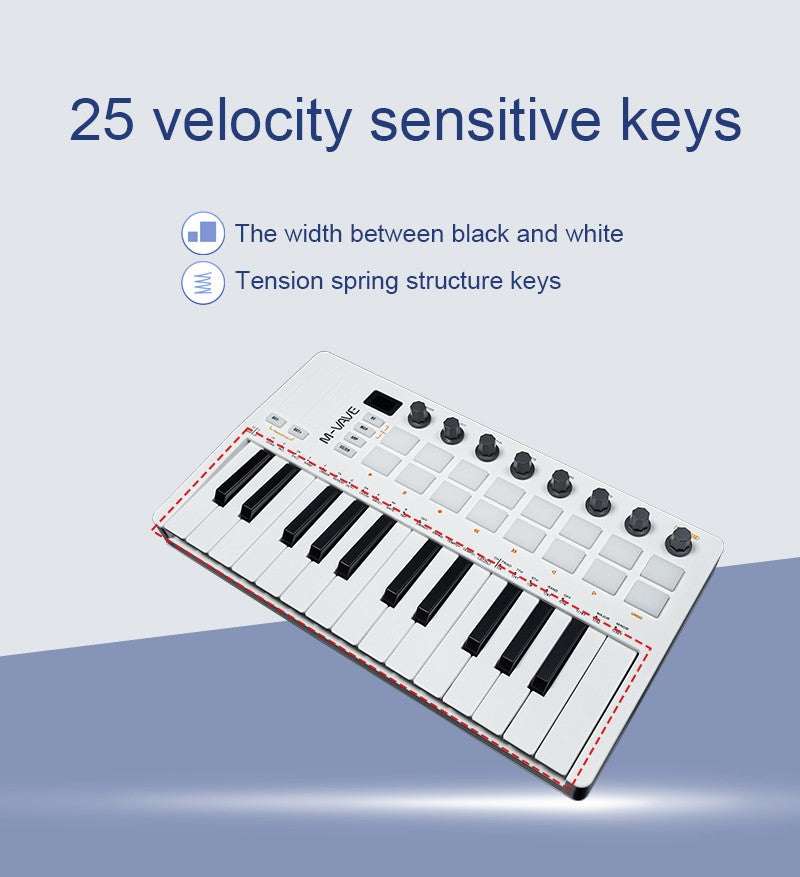 M-VAVE SMK-25 II Teclado Controlador MIDI Pad USB Mini 25 Teclas, 16 Pads de Bateria RGB, 8 Knobs e Produção Musical, Software Incluído