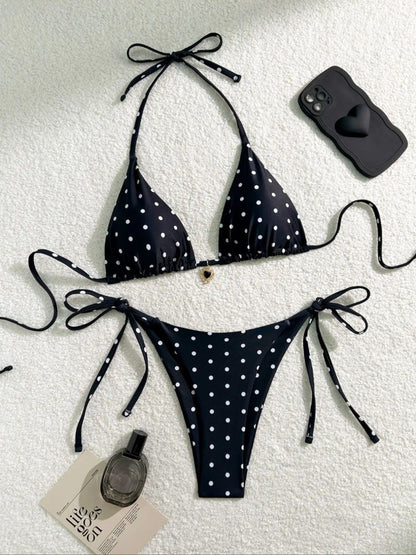 Sexy Bikini Set Black White Polka Dot 2 Piece Swimsuit for Women American Style Beach Bikini