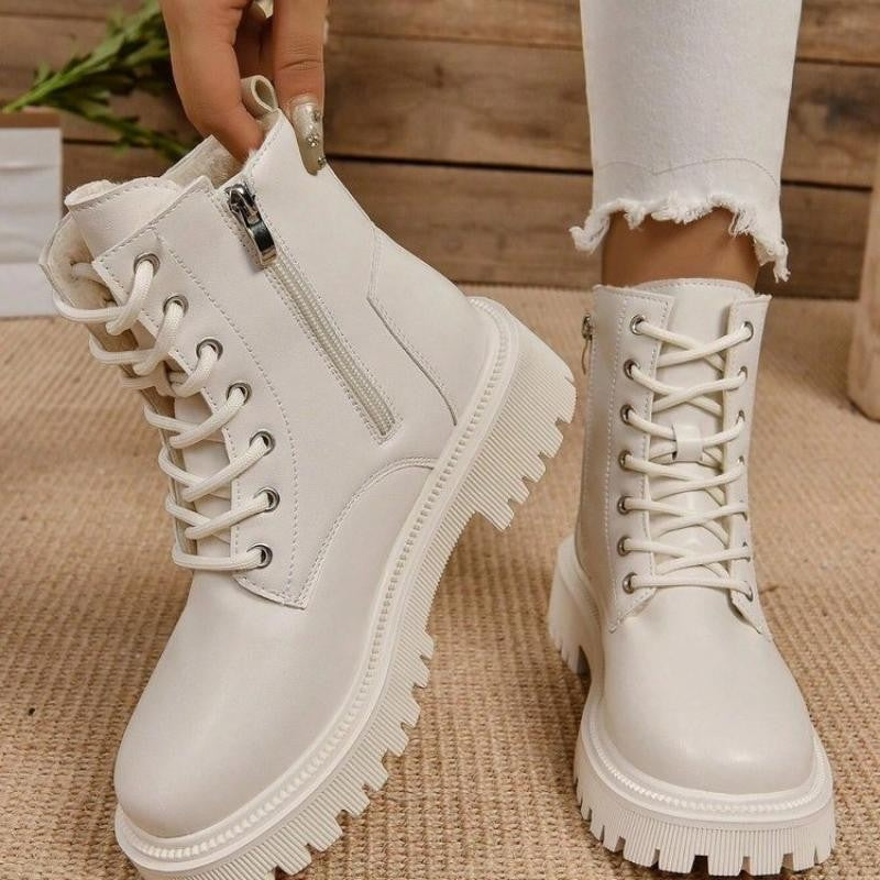 Thick Warm Long Plush Ankle Boots for Women Winter 2024 Lace Up Pu Leather Motorcycle Boots Woman Plus Size Short Booties Shoes
