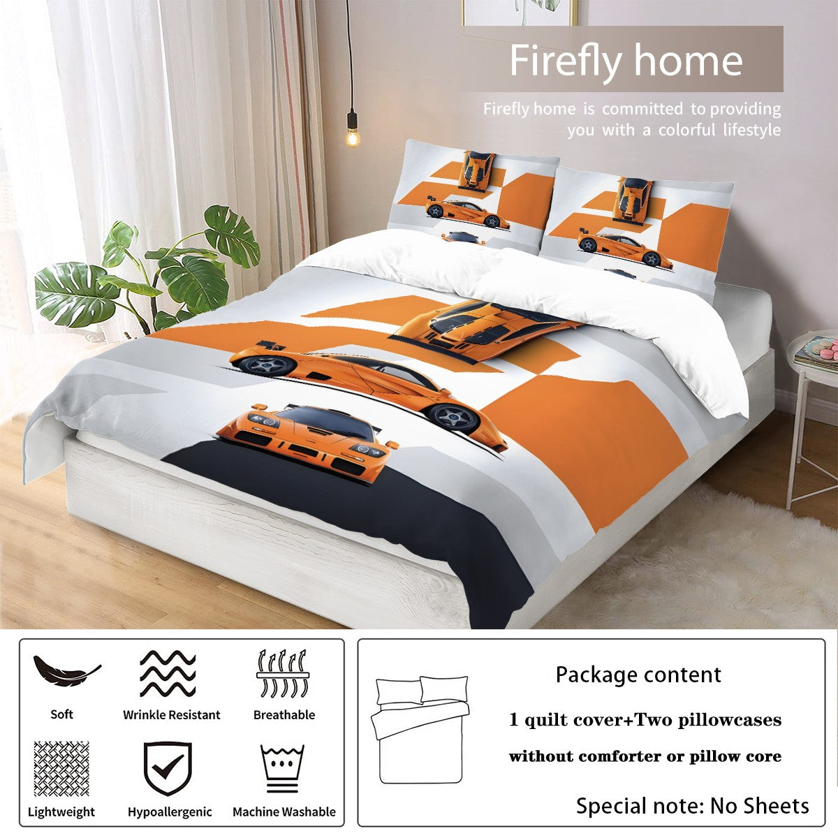 3pcs sports car racing print bedding set 1 quilt cover + 2 pillowcases unfilled, skin-friendly, breathable, anti-pilling