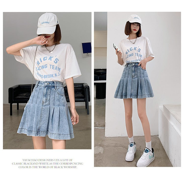 New Summer 2024 Plus Size Denim Skirt Women High Waist Pleated Large Size A Line Mini Jean Skirt Women Streetwear Saia Hot Sale