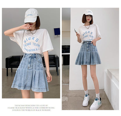 New Summer 2024 Plus Size Denim Skirt Women High Waist Pleated Large Size A Line Mini Jean Skirt Women Streetwear Saia Hot Sale