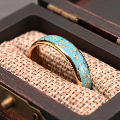 Anel de Tungstênio com Inlay de Turquesa e Folha Dourada Quebrada 6MM Aliança Banhada a Ouro para Homem Mulher Joia Design de Luxo Presentes