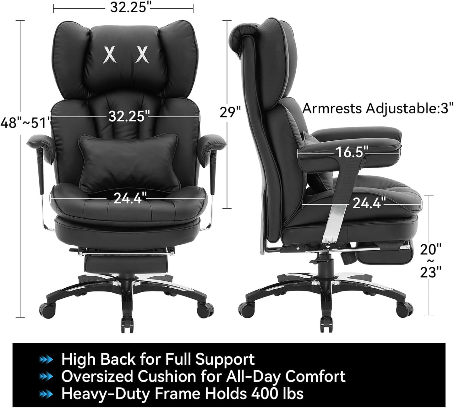 Cadeira de Escritório Grande e Alta para 400lbs, Cadeira de Escritório Executiva Ergonômica de Encosto Alto com Apoio para os Pés, Cadeira de Mesa de Computador Larga para Home Office