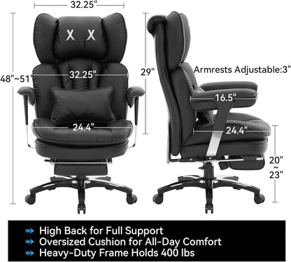 Cadeira de Escritório Grande e Alta para 400lbs, Cadeira de Escritório Executiva Ergonômica de Encosto Alto com Apoio para os Pés, Cadeira de Mesa de Computador Larga para Home Office