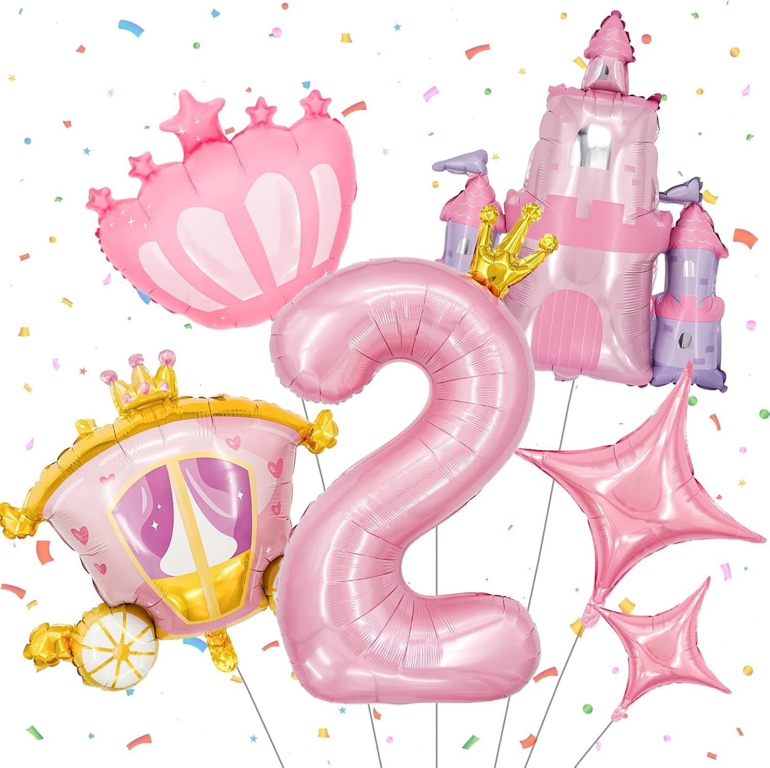 6-Piece Princess Theme Party Decoration Set: Princess Carriage + Pink Castle + 40-inch Numbers + Crown Heart + Star Foil Balloon