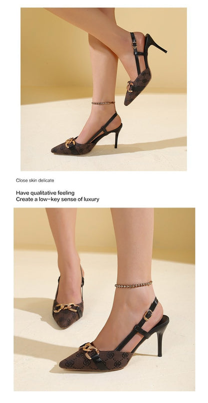 2025 Women's Fashion Baotou Sandals Spring New Pointed Head Shallow Mouth Metal Buckle Anti-slip Wear-resistant High Heels