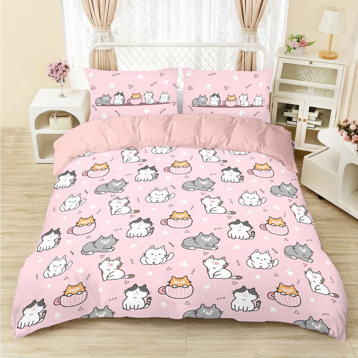 3pcs (1 duvet cover, 2 pillowcases, coreless), pink cute cartoon cat element printed bedding set, soft and comfortable